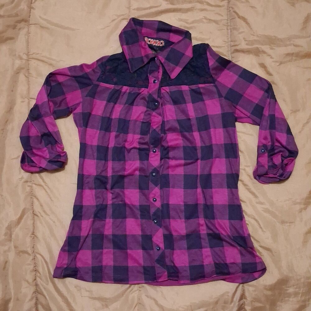 Bongo Plaid Flannel Shirt XL Womens Purple Black Lace Yoke Button Up Blouse Tops